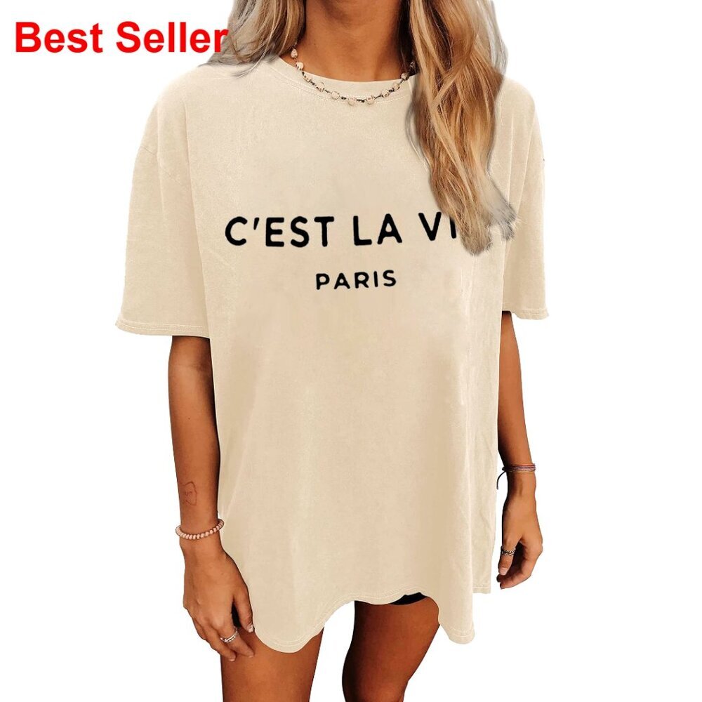 Oversized Graphic Tee, Loose Fit Crew Neck, Polyester Blend Summer Top
